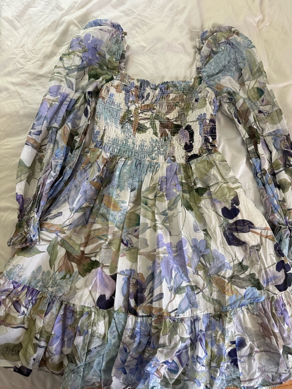 & Other Stories Pastel Floral Smocked Top in Lavender, Green & Cream